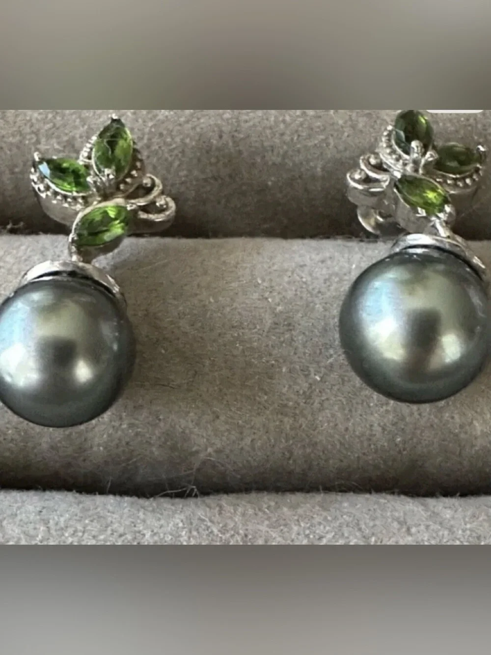 Sterling Silver Black Pearl Drop Earrings with Green Accent Stones